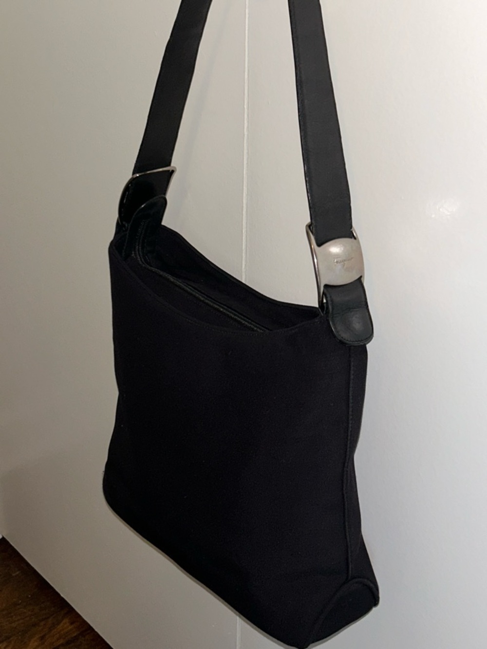 Salvatore Ferragamo Black Canvas Messenger Bag with Silver Accents